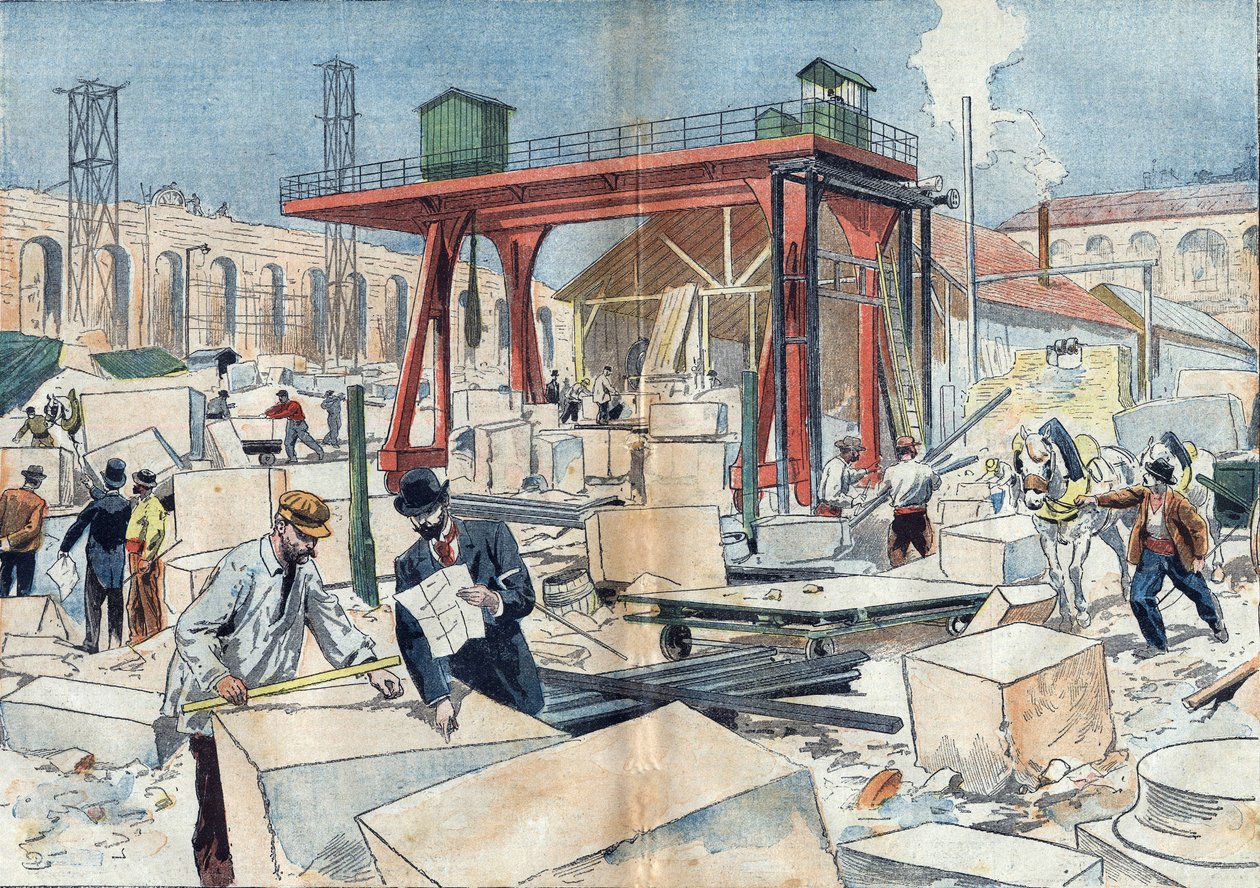 بناء القصر الكبير بباريس عام 1898 بمناسبة المعرض العالمي لعام 1900. في الوسط ، عجلة الماس لقطع الحجارة المقطوعة. رسم توضيحي في "" Le Pelerin "في 3 يوليو بواسطة فنان غير معروف