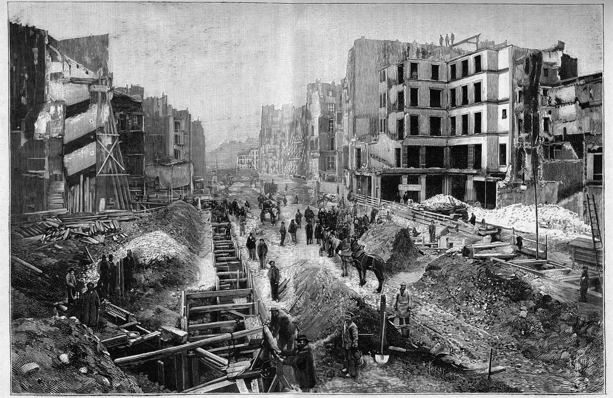 البناء في شارع ريومور - تحولات باريس تحت الإمبراطورية الثانية ، Haussmann Paris (Boulevard ، Haussmann Works) - Le Percement de la Rue Reaumur in the 3rd Arrondissement of Paris بواسطة فنان غير معروف