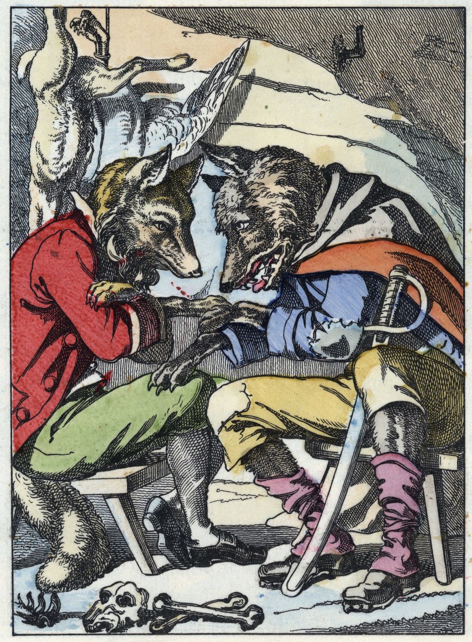 محادثة بين الذئب والثعلب. رسم توضيحي لحكاية "Compere le Loup، Maitre Renard، Comere la Chevre et ses petits biquets" بعد حكاية جان دو لا فونتين. في "" حكايات من المنزل للصغار "". نقش مجهول لـ بواسطة فنان غير معروف