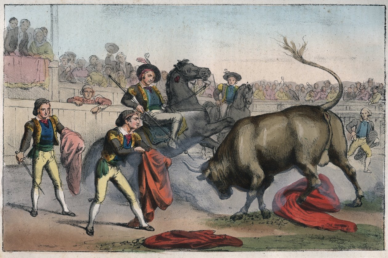 Corrida في إسبانيا: le picador - Bull Charging a Picador - نقش من عادات وتقاليد جميع شعوب الكون. هذا هو تاريخ الحكومة ، والقوانين ، والميليشيات ، ودين جميع الأمم من أبعد العصور حتى أيامنا هذه. بواسطة فنان غير معروف