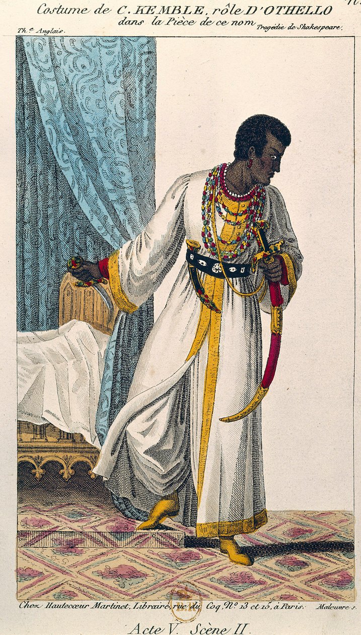 زي للممثل الكوميدي تشارلز كيمبل (1775-1854) في دور عطيل في القطعة التي تحمل نفس الاسم لوليام شكسبير (1564-1616) في باريس في القرن التاسع عشر. BN بواسطة فنان غير معروف