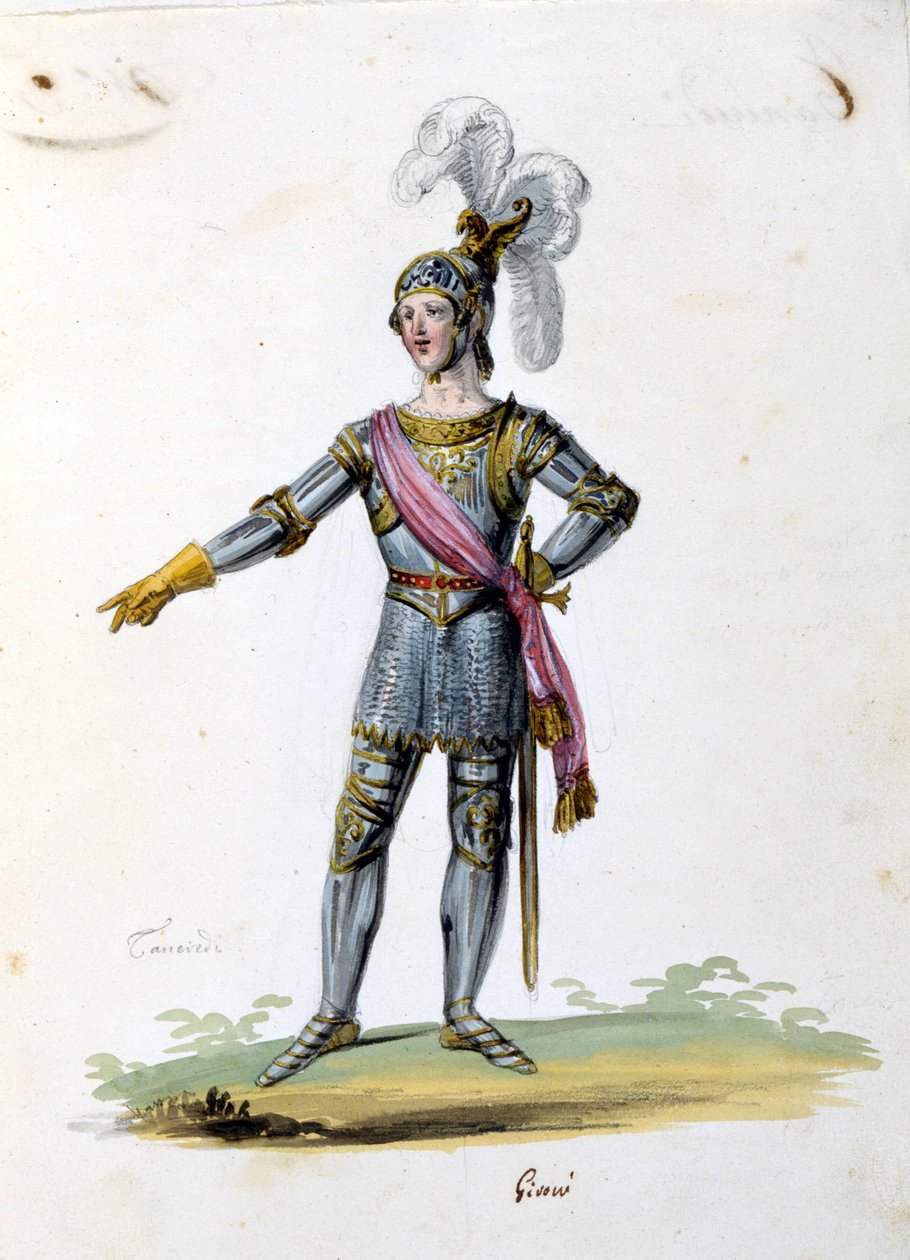 زي شخصية تانكريد يرسمه جيروني لأوبرا "تانكريدي" (تانكريد) لجيوشينو روسيني. 1813 بواسطة فنان غير معروف