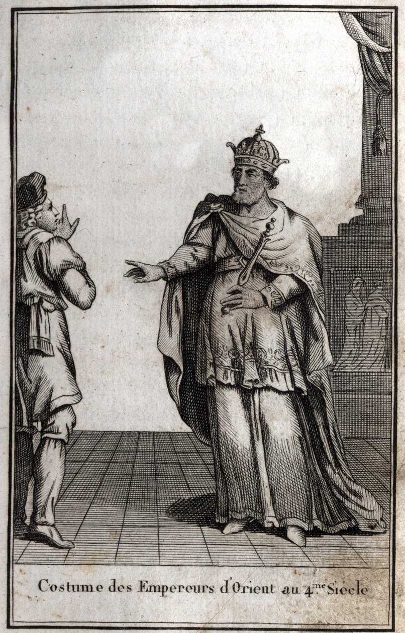 زي الأباطرة الشرقيين في القرن الرابع. نقش في redige "Beaute de l'histoire du basse Empire" بواسطة PJBN 1814. بواسطة فنان غير معروف