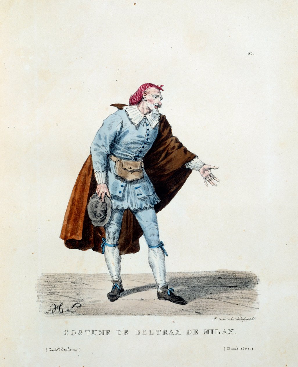 زي نيكولو باربيري ، المعروف باسم بلترام ميلان (توفي عام 1641) في عام 1600. زي الكوميديا الإيطالية (كوميديا ديلارتي) لهيبوليت ليكومت (1781-1857). نقش القرن التاسع عشر. كول. اذهب. بواسطة فنان غير معروف