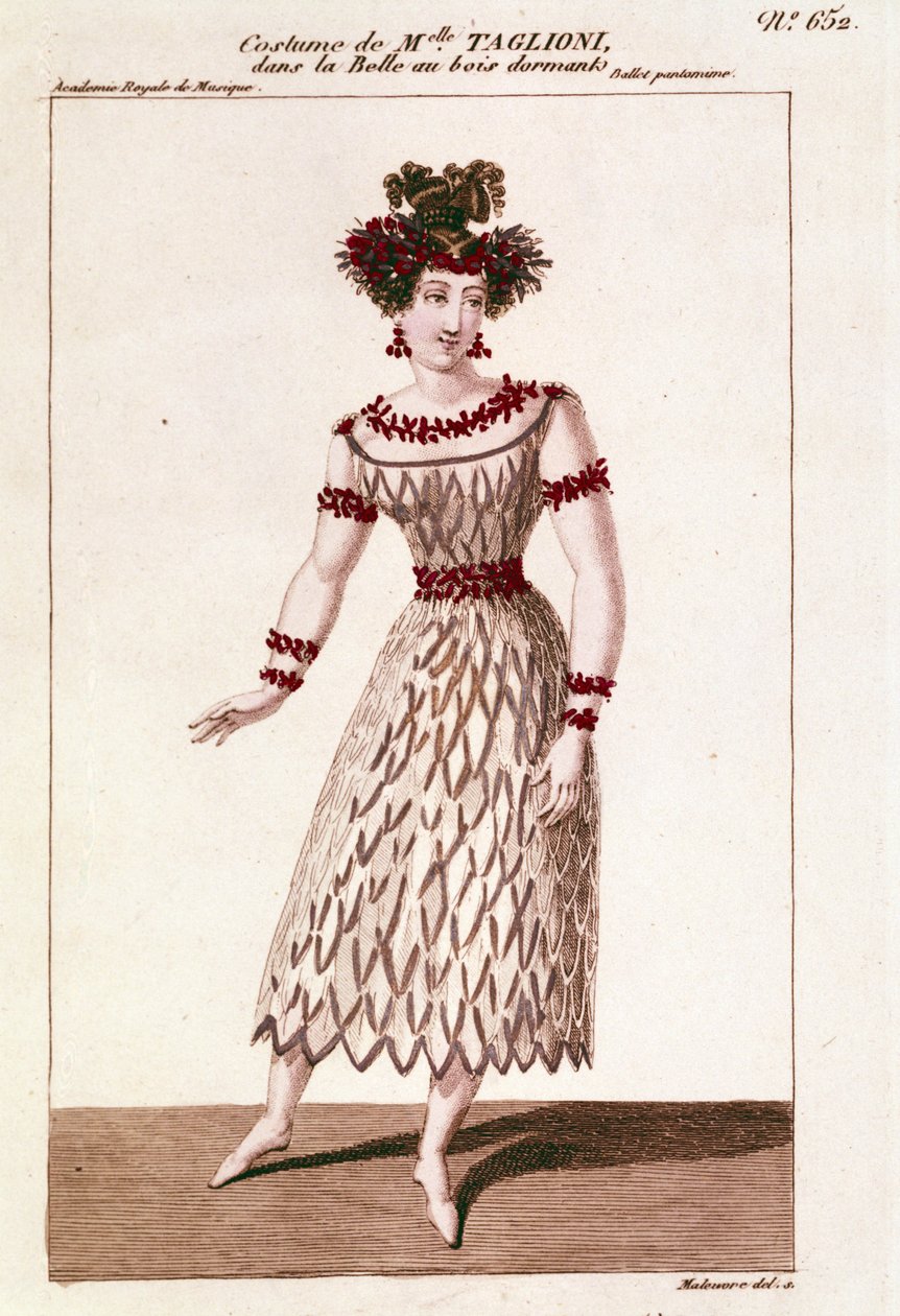 زي الراقصة ماريا تاجليوني (1804-1884) في باليه "الجميلة النائمة" لبيوتر أو بيتر إيليتش تشايكوفسكي (أو تشايكوفسكي أو سياجكوفسكيج أو تشايكوفسكي بواسطة فنان غير معروف
