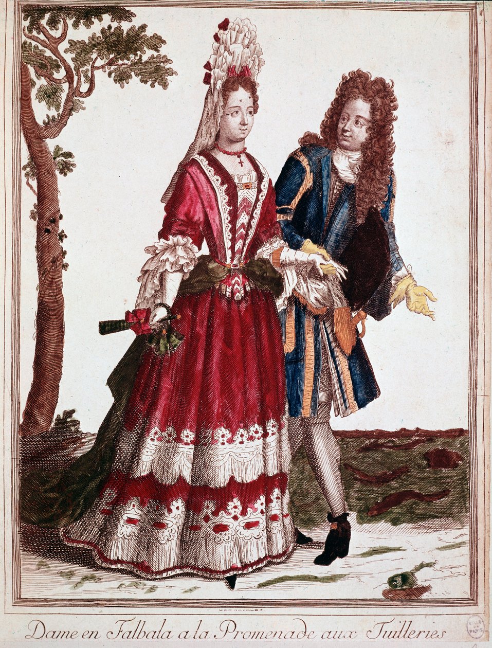 زوجان يمشيان في حديقة التويلري ، باريس (engraving بواسطة فنان غير معروف