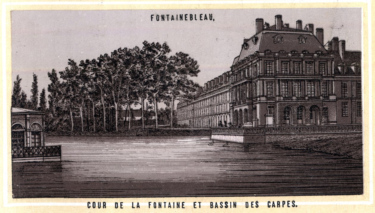 Cour de la Fontaine et Basin des carpes de Fontainebleau (سين ومارن ، منطقة إيل دو فرانس ، فرنسا). الطباعة الحجرية الملونة في أواخر القرن التاسع عشر. بواسطة فنان غير معروف