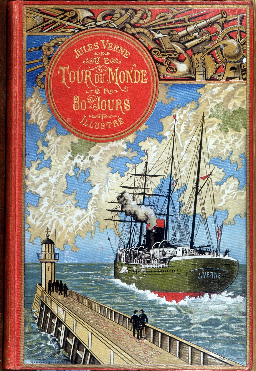 تغطية "" حول العالم في 80 يومًا "بقلم Jules Verne ، محرر. هيتزل بواسطة فنان غير معروف