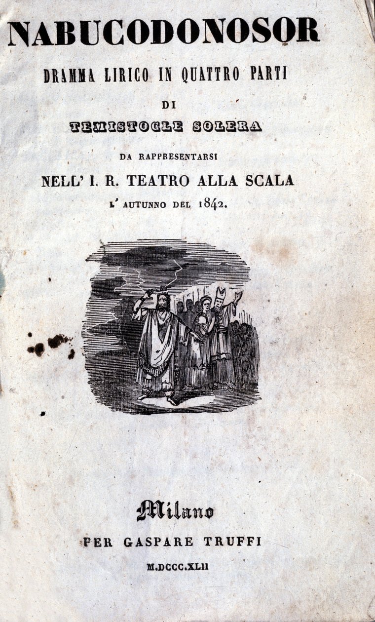 غلاف أول كتاب ليبريتو من نابوكو لجوزيبي فيردي (1813 - 1901) ، والذي أطلق عليه اسم نابوكودونوسور لأول مرة بواسطة فنان غير معروف