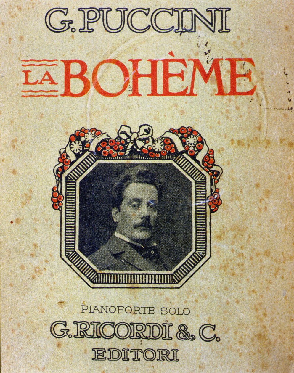 غلاف مقطوعة "" La Bohème "لبوتشيني (1858-1924) مع صورته. بواسطة فنان غير معروف