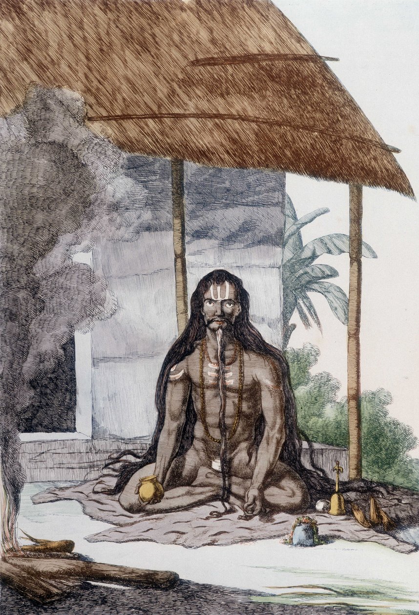 الثقافة والحضارة والمجتمع الهندي: صورة الفقير أثناء الصلاة ، الهند. نقش 1808. بواسطة فنان غير معروف