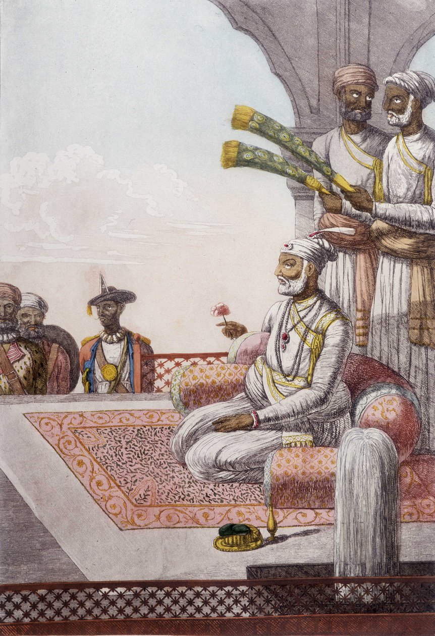 الثقافة والحضارة والمجتمع الهندي: صورة لراجا (راجا) ملك براهمان ، الهند. نقش من 1808. بواسطة فنان غير معروف