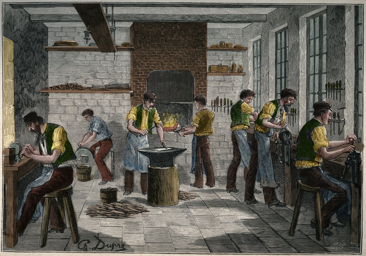 ورشة صناعة السكاكين في فرنسا في القرن التاسع عشر. نقش من عام 1885 في "" Les Arts et metiers Illustres "" لأدولف بيتارد. بواسطة فنان غير معروف