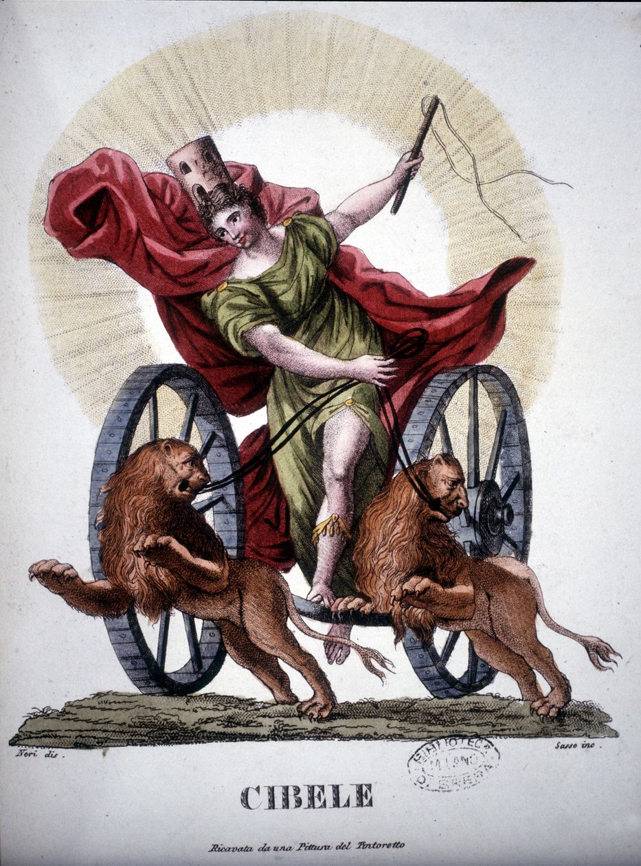 Cybele ، الألوهية التي تجسد القوة الإنجابية للطبيعة - في "" Dizionario mitologico "، نقش القرن التاسع عشر بعد لوحة تينتوريتو ، بيبل. دي بريرا ، ميلان. بواسطة فنان غير معروف