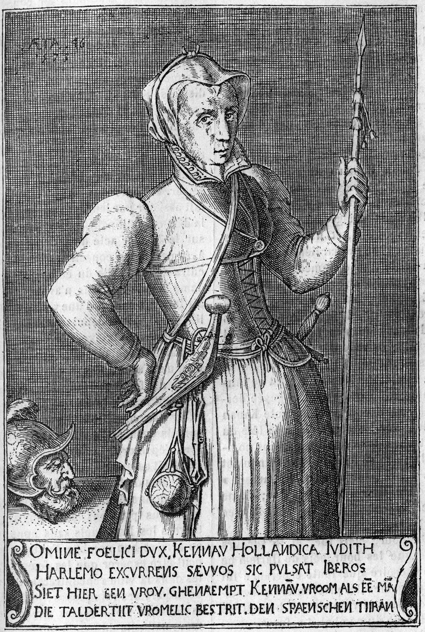 Dame Kenau Simonsdochter Hasselaer (1526-1588) ، بطلة هارلم (هولندا) أثناء القتال ضد الإسبان في عام 1572. نقش القرن السابع عشر المطابق لجوديث هولوفر. بواسطة فنان غير معروف