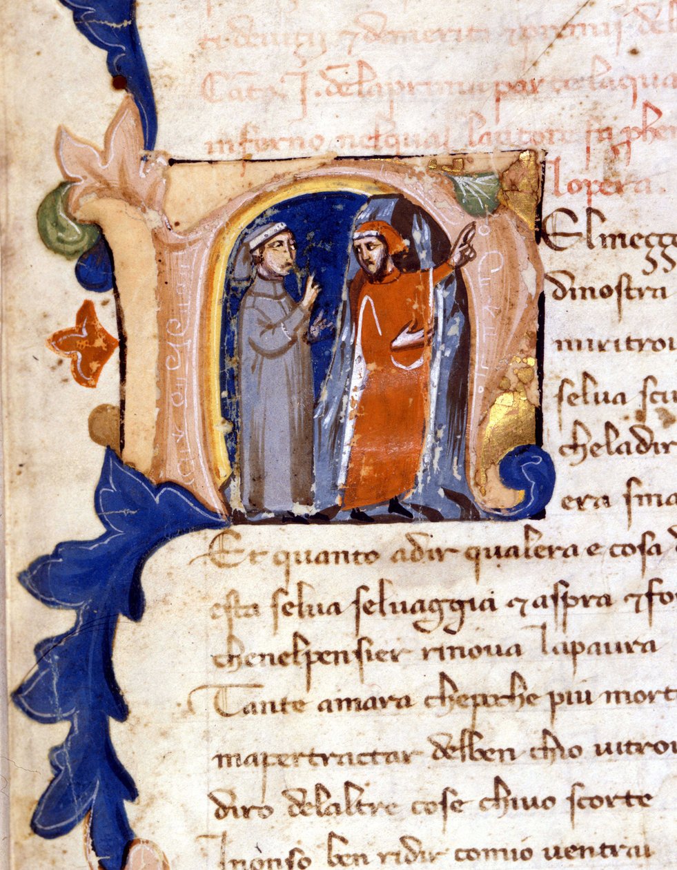 دانتي وفيرجيل عند مدخل الجحيم. (lettrine "" N ") بداية الجحيم من Divina Commedia (الكوميديا الإلهية) في ميلانو القرن الرابع عشر ، مكتبة Trivulzian. (في منتصف رحلة حياتنا ...) بواسطة فنان غير معروف
