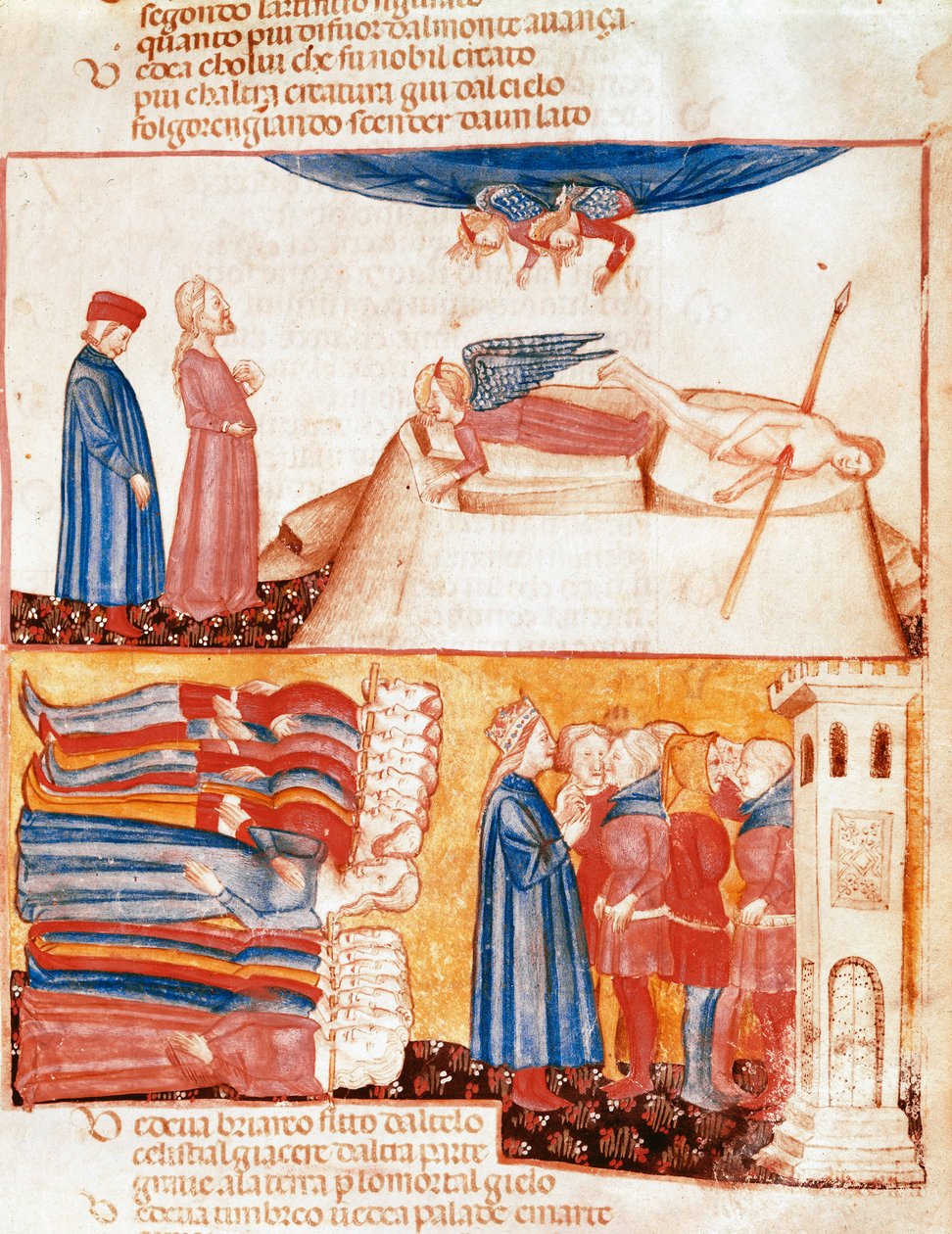 يلتقي دانتي وفيرجيل بأرواح الموتى بعنف. صفحة مزخرفة توضح أغنية من Antipurgatory من "Divina Commedia" لدانتي Alighieri (1265-1321). القرن الرابع عشر ، البندقية ، مكتبة مارسيانا بواسطة فنان غير معروف