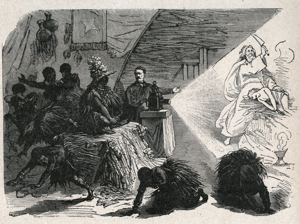 ديفيد ليفينغستون (1813-1873) مبشر ومستكشف اسكتلندي يحمل الفانوس السحري في Balonda. بواسطة فنان غير معروف