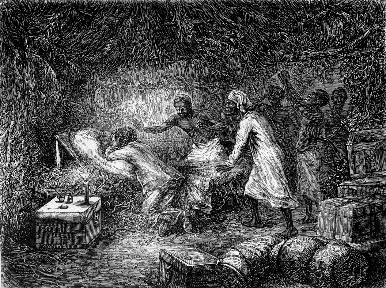 توفي ديفيد ليفينغستون بسبب الزحار في قرية تشيتامبو في عام 1873 - "" آخر رحلة قام بها ليفينجستون 1866-1873 "في" "جولة العالم" ، في الدرجة الثانية. 1875 بواسطة فنان غير معروف