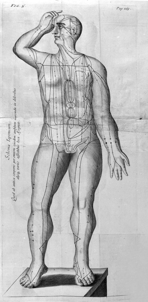 De Acupunctura بواسطة W.Ten Rhijne. لندن 1683. أول نص غربي يعالج الوخز بالإبر. بواسطة فنان غير معروف