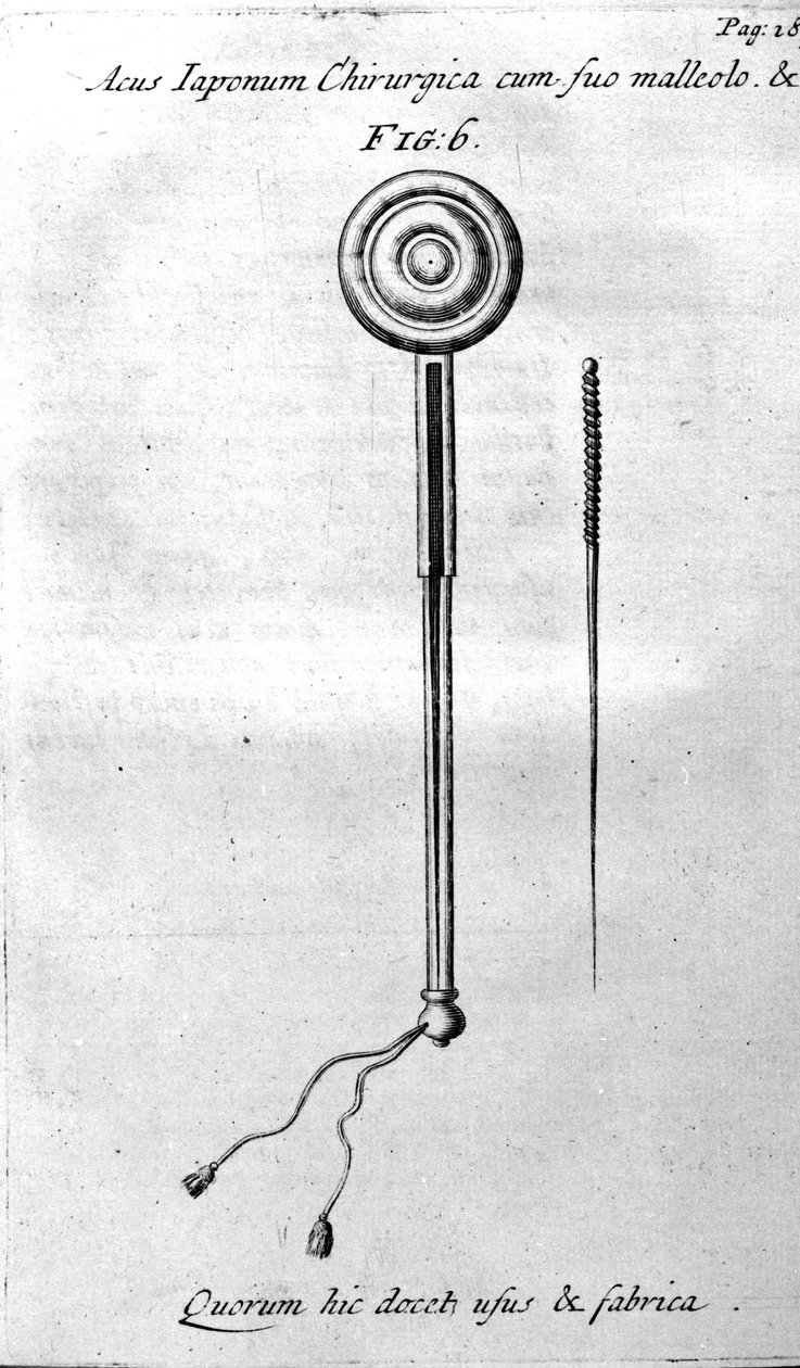De Acupunctura بواسطة W.Ten Rhijne. لندن 1683. أول نص غربي يعالج الوخز بالإبر. بواسطة فنان غير معروف