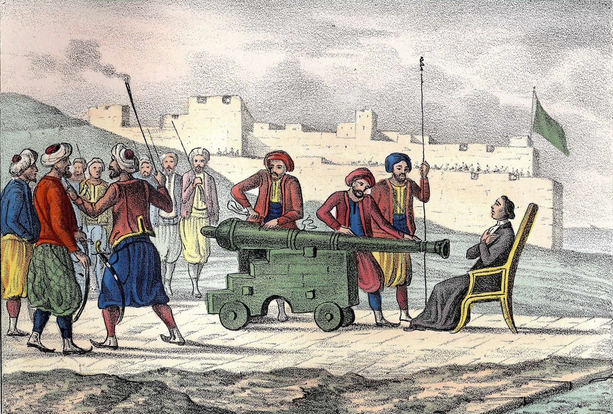 وفاة الأب لفاشر (جان ليفاشر) في الجزائر العاصمة عام 1683 ، وهو مبشر فرنسي أثناء قصف الجزائر العاصمة على يد دوكيسن. في "" الجزائر القديمة والحديثة "بقلم ليون غاليبرت. الطبعة الايطالية 1846 لون. بواسطة فنان غير معروف