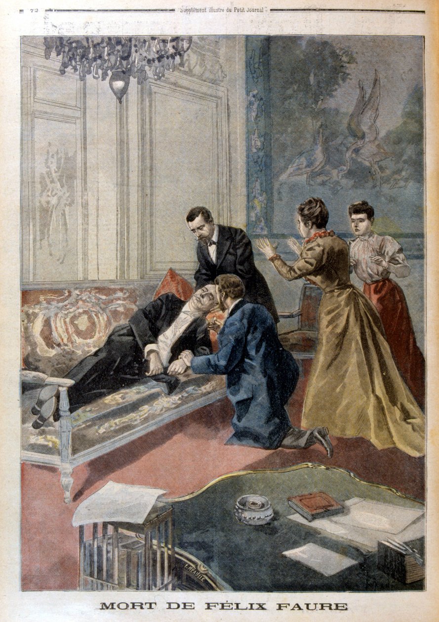 وفاة فيليكس فور في صالونات الإليزيه - في "لو بيتيت جورنال" بتاريخ 26/2/1899 بواسطة فنان غير معروف
