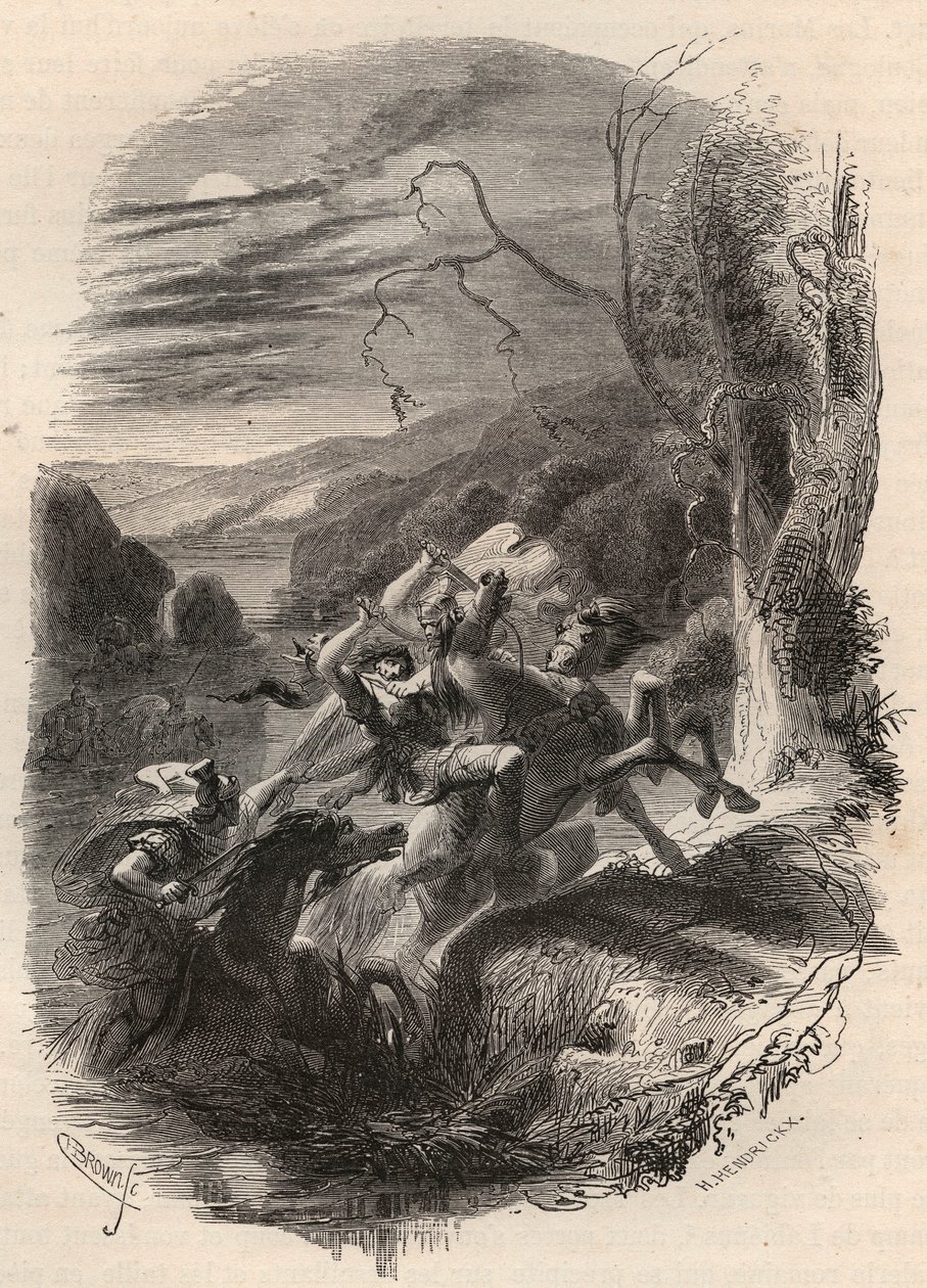 وفاة رئيس Indutiomarus (Induziomaro) من Trevires ، قتل على يد الجيش الروماني في 53 قبل الميلاد. نقش من عام 1868 في "Histoire de Belgique من العصور البدائية حتى نهاية عهد ليوبولد الأول" بقلم ثيودور جوست (1818-1888). مجموعة خاصة. بواسطة فنان غير معروف
