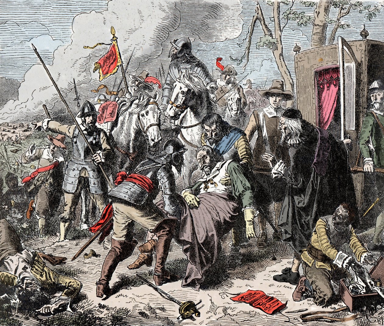 وفاة جان تسيركلايس ، كونت تيلي (1559-1632) أثناء معركة Rain am Lech في عام 1632 أثناء حرب الثلاثين عامًا - نقش في نهاية القرن التاسع عشر - بواسطة فنان غير معروف