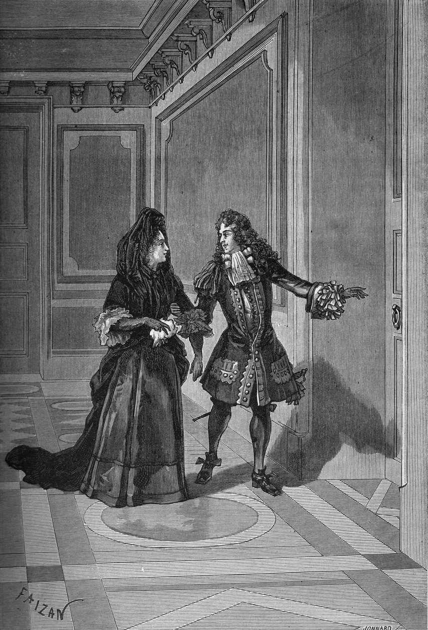 وفاة ماري تيريز (ماري تيريز) ، ملكة فرنسا ، 30 يوليو 1683: طلب م. دي لا روشفوكولد من مدام دي مينتينون (فرانسواز دوبيني ، ماركيز ، مدام دي مينتينون) (1635-1719) أن تستسلم لملك فرنسا لويس الرابع عشر (1638-1715). نقش بواسطة فنان غير معروف