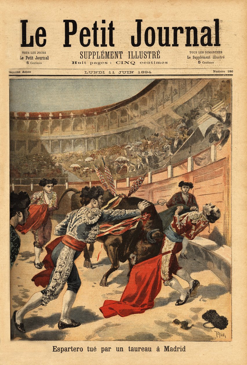 وفاة الماتادور الإسباني مانويل جارسيا ديت إسبارتيرو (1865-1894) ، في ساحات مدريد ، على يد الثور. نقش في "" مجلة Le Petit "" 2/07/1894. مجموعة سيلفا. بواسطة فنان غير معروف