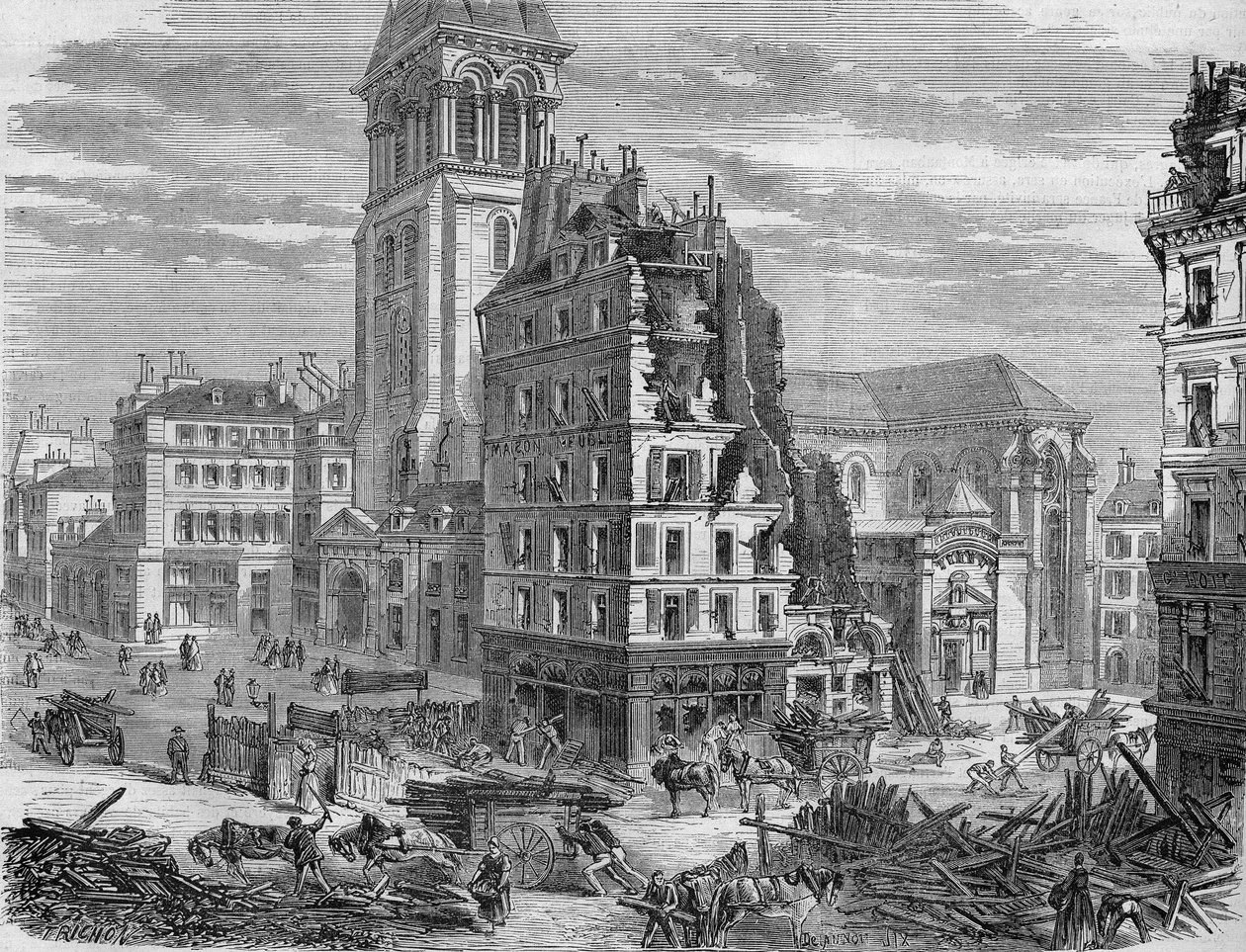 عمليات هدم ساحة سان جيرمان دي بري ، لثقب شارع دي رين في عام 1867. بواسطة فنان غير معروف