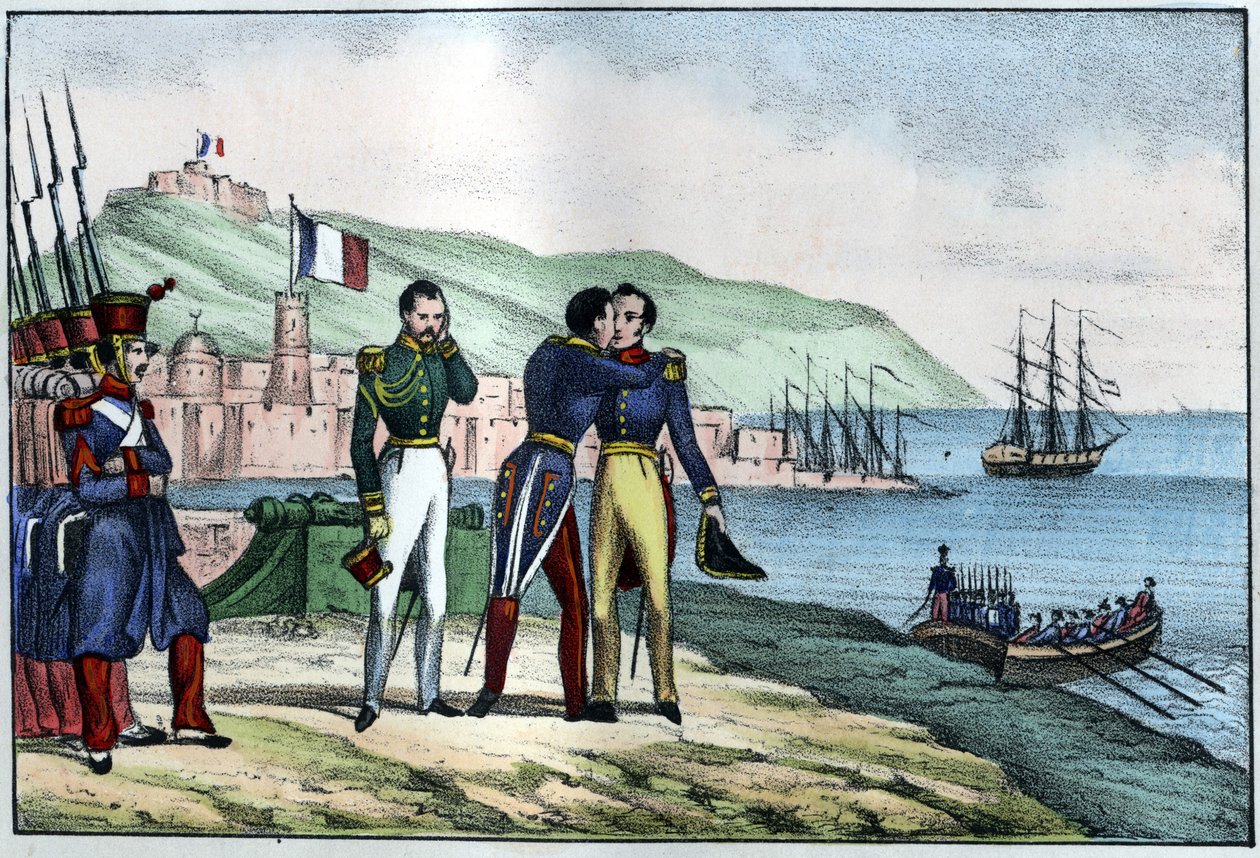رحيل لويس أوجست ، كونت بورمونت (ماريشال دي بورمونت) (1773-1846) من الجزائر عام 1830. في "" L'Algerie ancienne et moderne "" بقلم ليون غاليبرت. الطبعة الايطالية 1846 لون. بواسطة فنان غير معروف