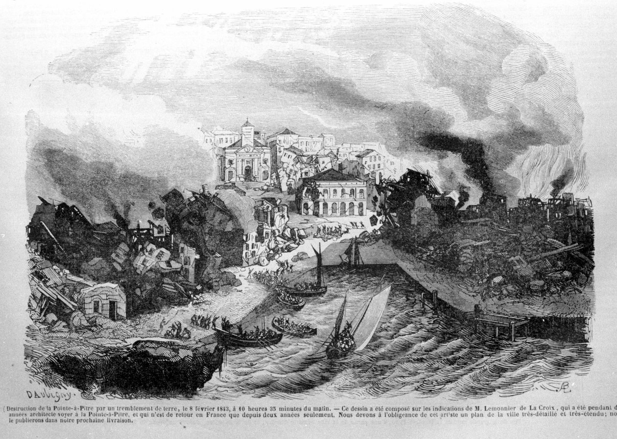 تدمير بوانت آ بيتر (جوادلوب) بواسطة الزلزال الذي وقع بتاريخ 8/2/1843. نقش 1843. بواسطة فنان غير معروف