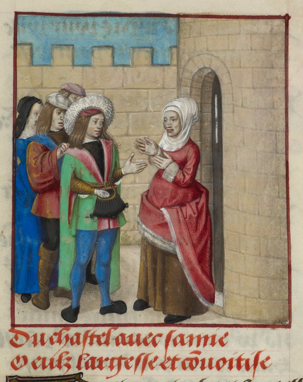 تفاصيل منمنمة Convoitise (Covetousness) و Largesse (الكرم) تدخل القلعة ، من Le Roman de la Rose بواسطة فنان غير معروف