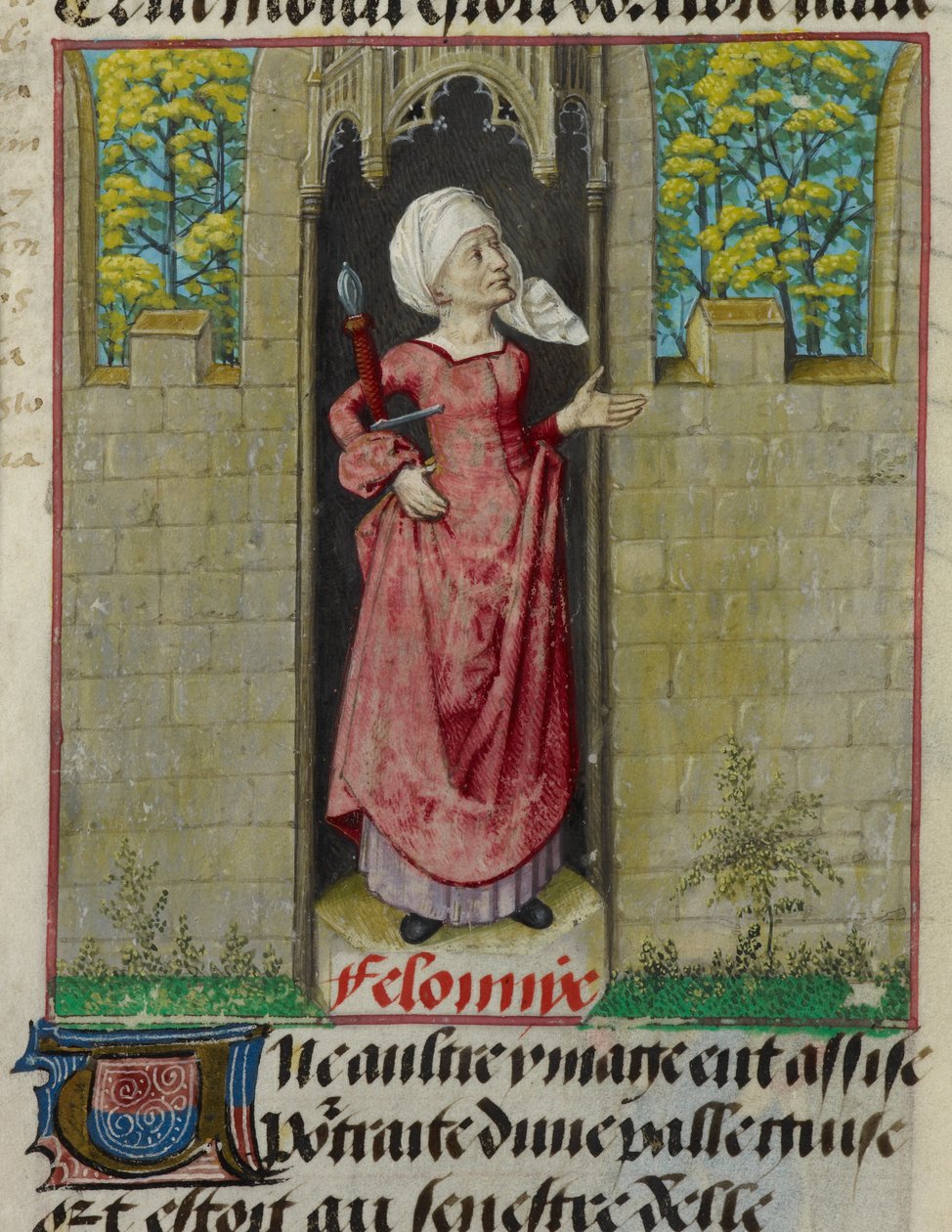 تفاصيل منمنمة للشخصية المجازية لفيلونيا (الجريمة)، في العمود الأول من الصحيفة، من quot;Le Roman de la Rosequot; بواسطة فنان غير معروف