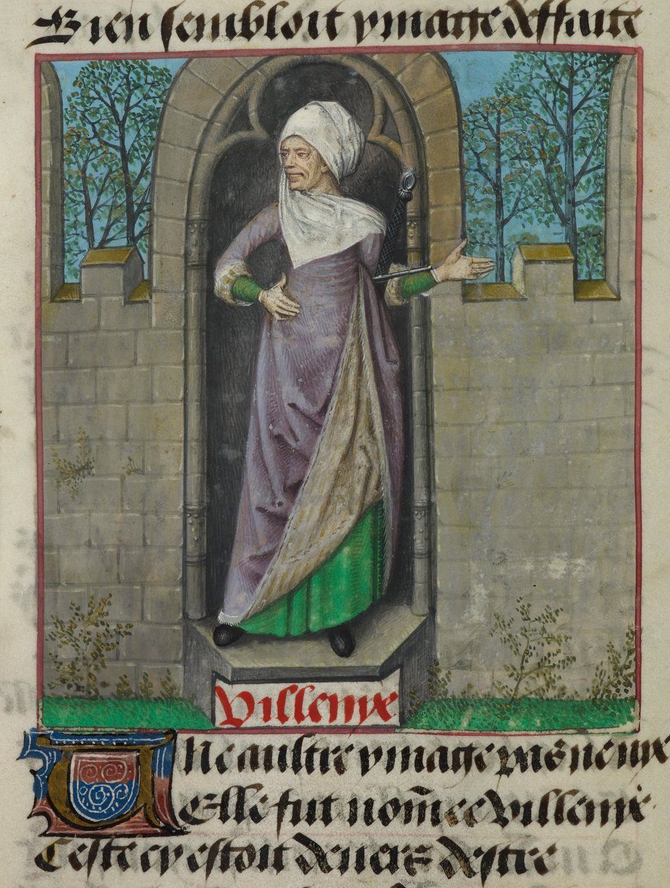 تفاصيل منمنمة للشخصية المجازية لفيليني (النذالة)، في العمود الثاني من الصحيفة، من quot;Le Roman de la Rosequot; بواسطة فنان غير معروف