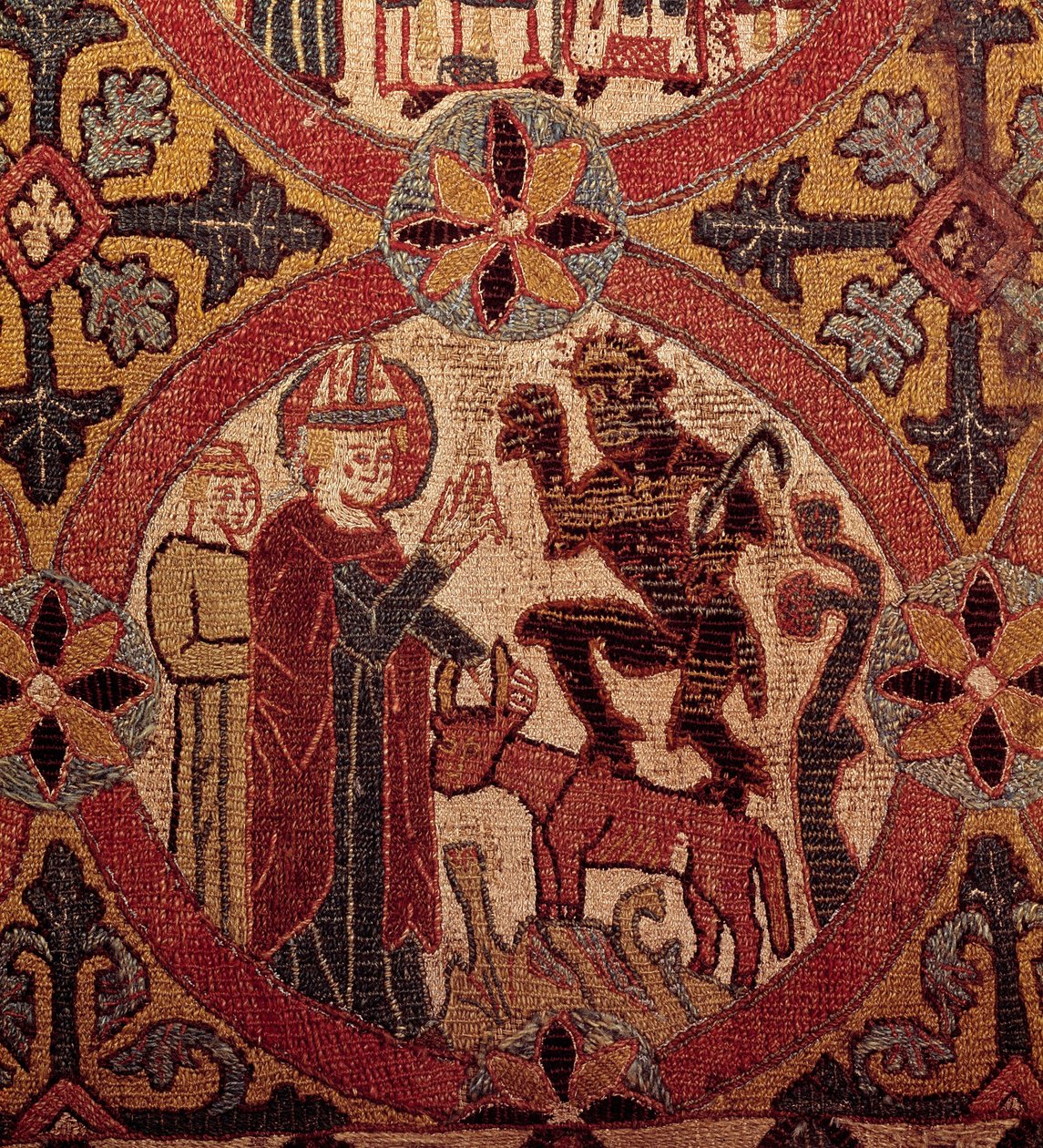 تفاصيل تطريز يصور إغراء القديس مارتن. نسيج آيسلندي. 1390-1403. باريس ، المتحف الوطني للعصور الوسطى ، Thermes de Cluny بواسطة فنان غير معروف