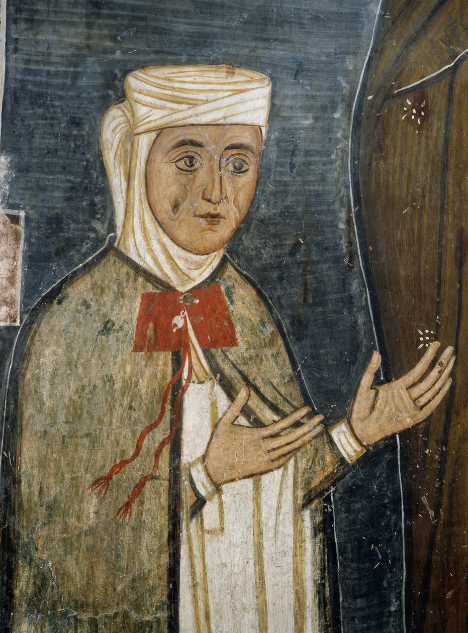 سارامالينا أناستازيا المتدينة بملابس القرن الرابع عشر ، لوحة جدارية في الكنيسة البيزنطية لسيدة أسينو (القرن الثاني عشر) (قائمة اليونسكو للتراث العالمي ، 2001) ، جبال ترودوس ، قبرص بواسطة فنان غير معروف