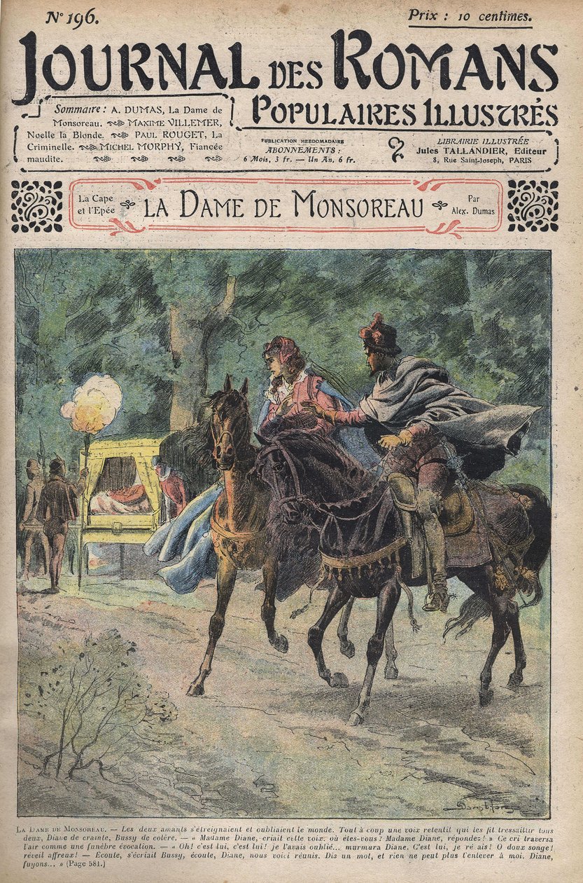 دعا ديان من قبل زوجها أثناء ركوب الخيل مع عشيقها بوسي. رسم توضيحي لرواية "La Dame de Monsoreau" للكاتب ألكسندر دوما في "مجلة الروايات الشعبية المصورة". بواسطة فنان غير معروف