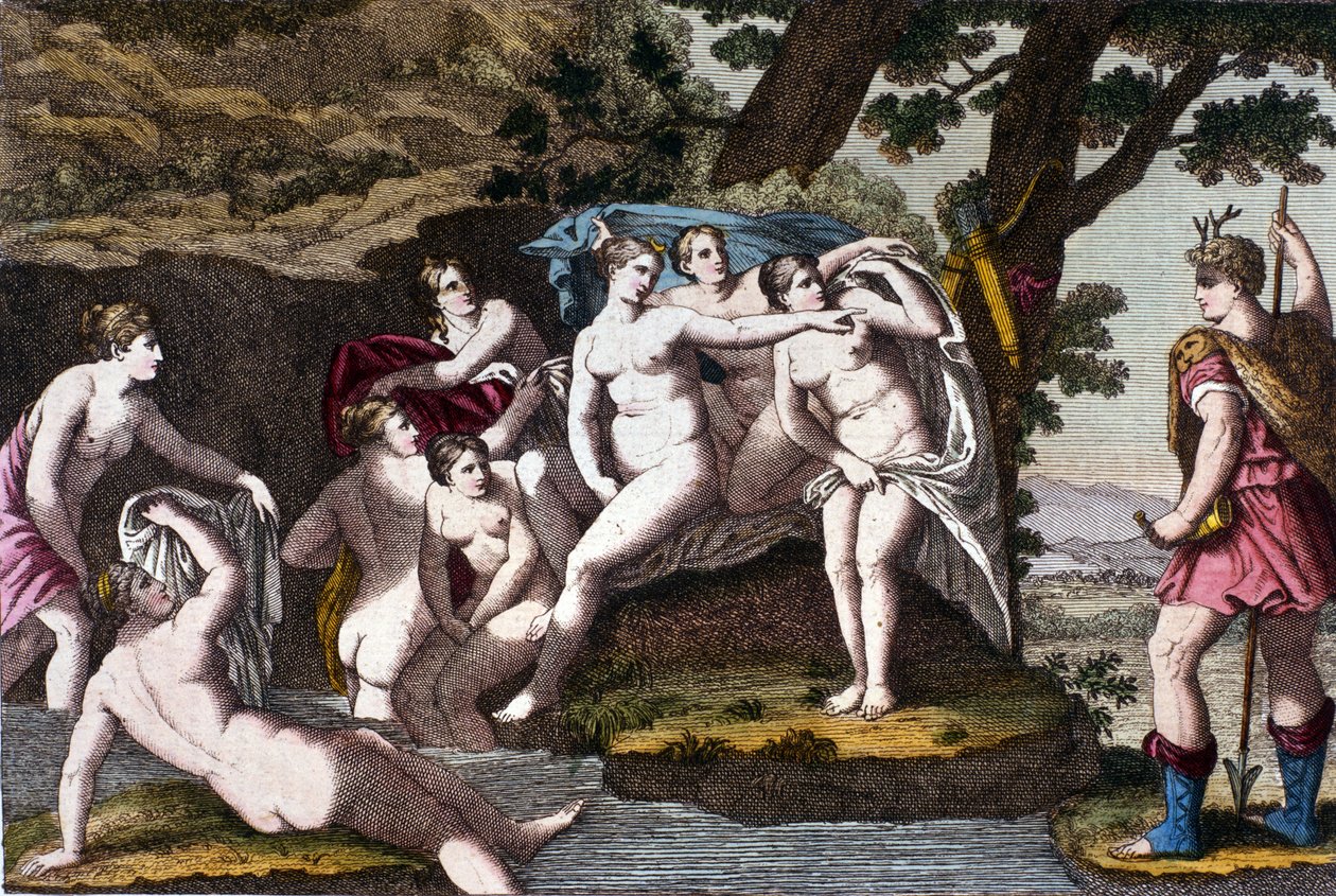 اشتعلت ديان في الحمام بواسطة الصياد أكتيون. نقش من "" Dizionario mitologico "" "" القرن التاسع عشر بواسطة فنان غير معروف