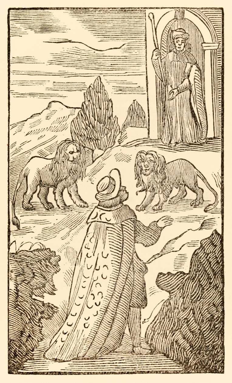 الصعوبة في الخلف ، الخوف من قبل تقدم الحجاج من هذا العالم ، إلى ما سيأتي به جون بونيان (1628-1688) يمر المسيحي بين الأسود بينما يتفرج البواب بواسطة غير معروف