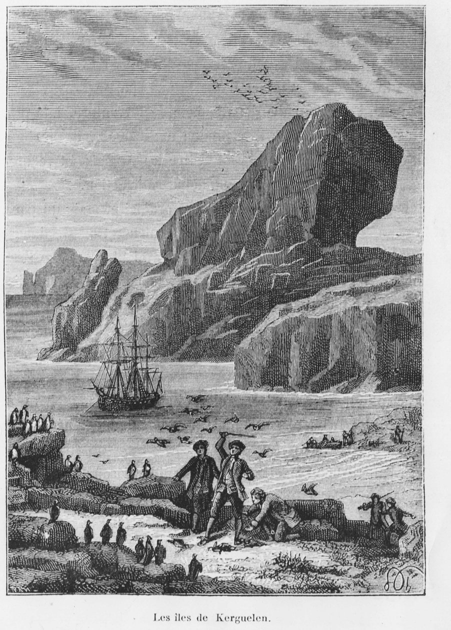 الاكتشافات والاستكشافات: جزر Kerguelen - في "" المسافرون في القرنين الثامن عشر والتاسع عشر ، بقلم Jules Verne ، محرر. Hetzel et Cie ، باريس. بواسطة فنان غير معروف