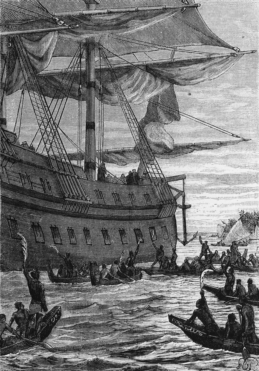 Discovery des Indes: voyage of Wallis in the Pacific; Native people going to meet the Colons - in “” Les Voyageurs du 18eme et 19eme ecle”, by Jules Verne, ed. Hetzel et Cie, Paris. بواسطة فنان غير معروف