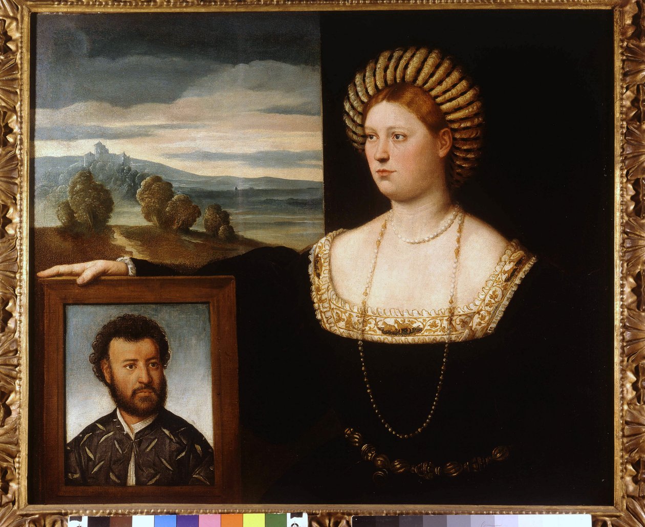 صورة مزدوجة: Isabella (Isabella) d'Este (1474-1539) مع صورة لأحد أفراد عائلة Este بواسطة B. Licinio. بواسطة فنان غير معروف