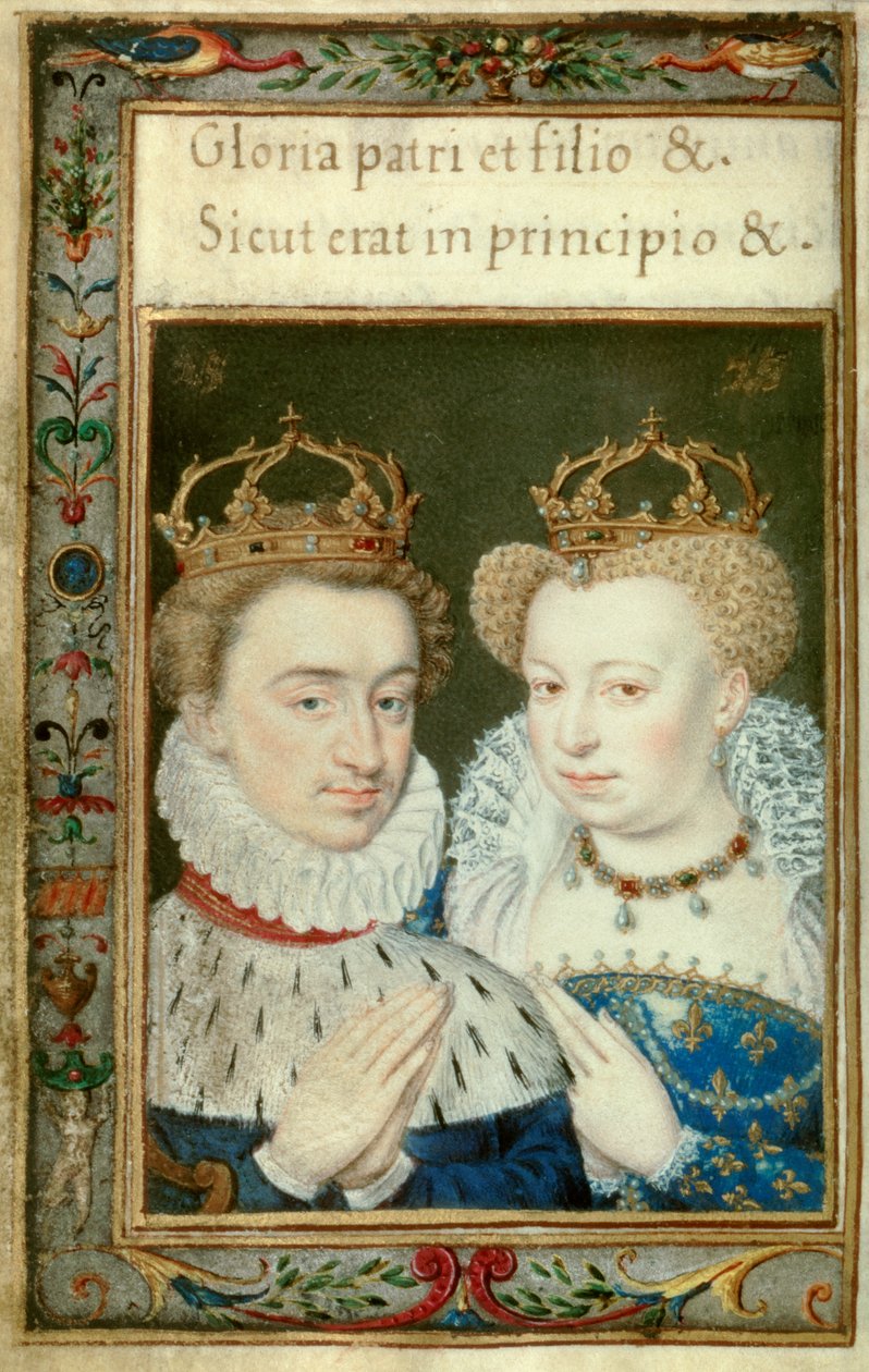 صورة مزدوجة لهنري الرابع ملك فرنسا (1553-1610) ومارجريت دي فالوا (1553 - 1615) المعروفة باسم الملكة مارغو. صورة مصغرة من كتاب الصلوات لكاترين دي ميديسي (كاترينا دي ميديشي) بواسطة فنان غير معروف