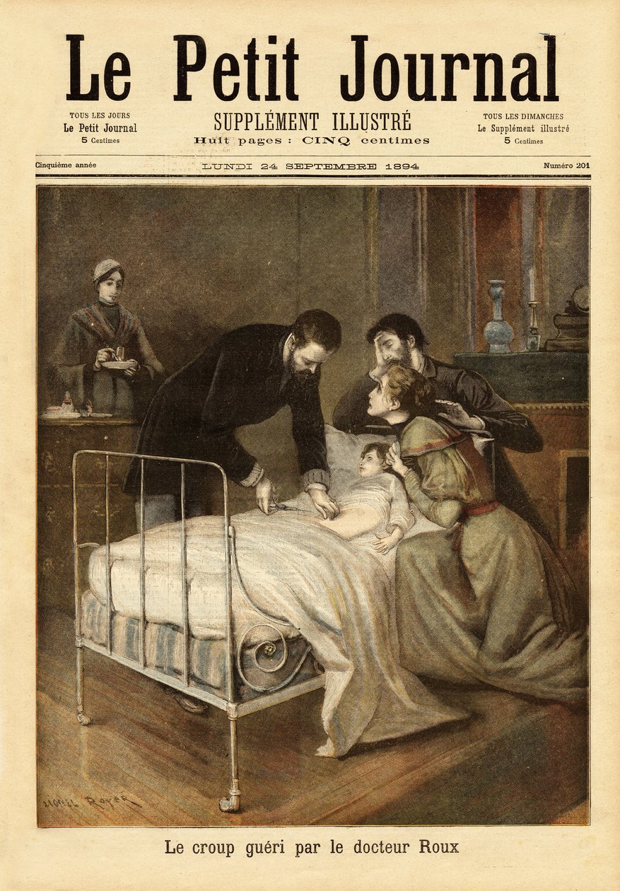 د. إميل رو (1853-1933) ، عالم جراثيم ، متعاون مع لويس باستور (1822-1895) ، الذي طور لقاحًا ضد الخناق (مضاعفات الحصبة عند الأطفال). نقش في "" مجلة Le petit "" 24/09/1894. مجموعة سيلفا. بواسطة فنان غير معروف