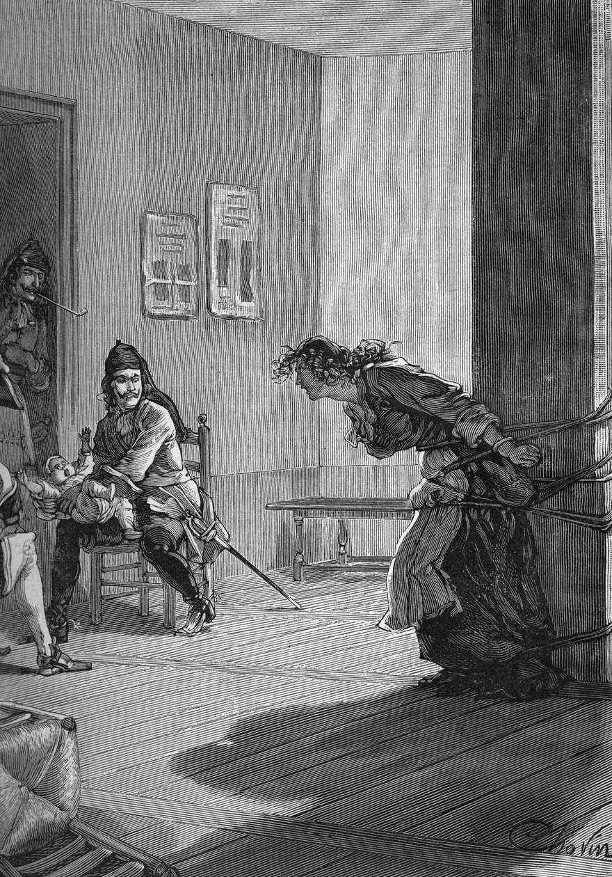 دراجوناديس (1685-1686) - تعذيب عائلة بروتستانتية: جنود الملك ، التنانين ، حمل طفل بينما والدتها متصلة بعمود. نقش القرن التاسع عشر. في "هيستوار دو فرانس" لجول ميشليه بواسطة فنان غير معروف