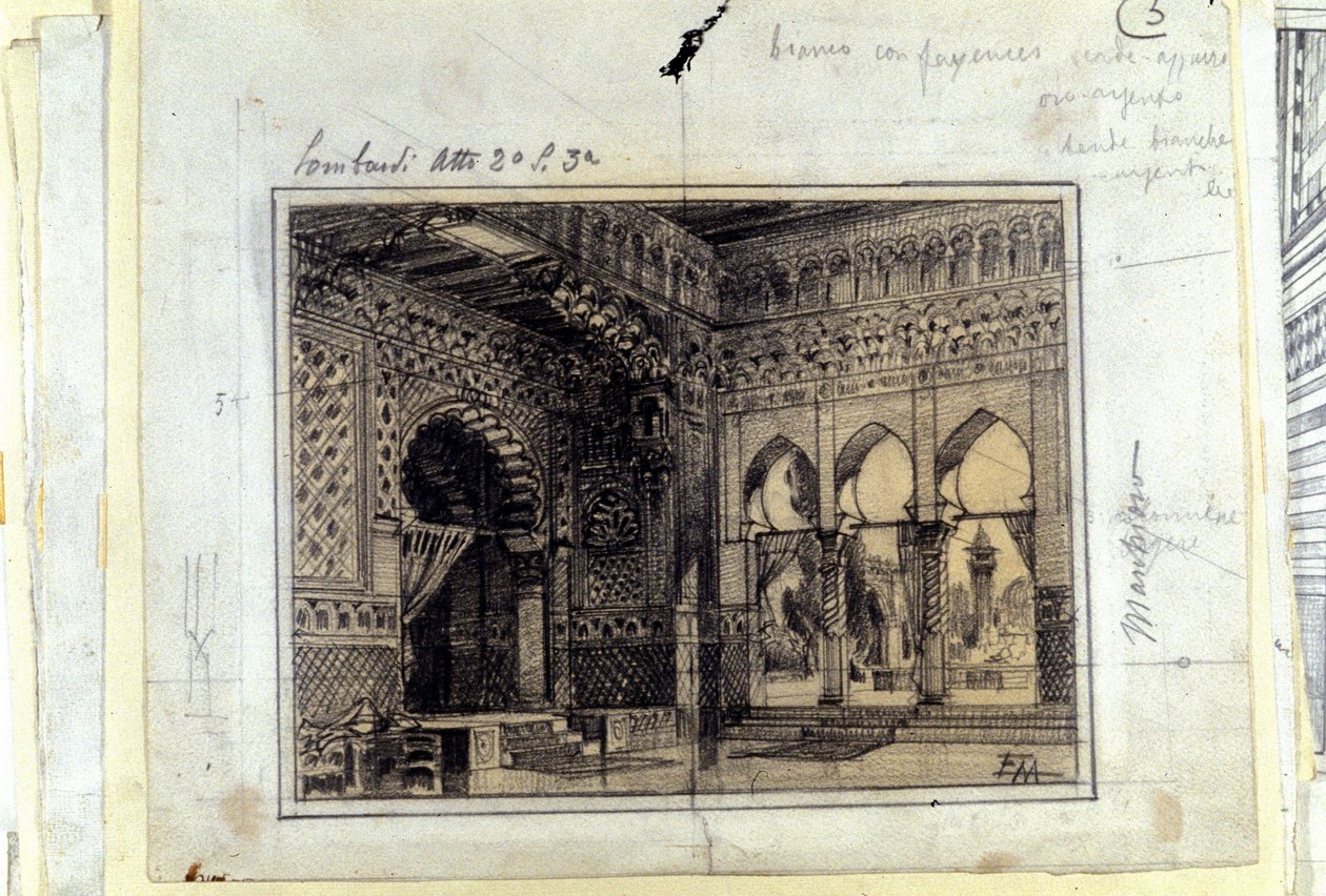 رسم لمشهد المشهد 3 من الفصل الثاني لأوبرا "" I Lombardi "" أو "" The Lombards at the First Crusade "" "من تأليف جوزيبي فيردي (1813 - 1901) في عام 1843. بواسطة فنان غير معروف