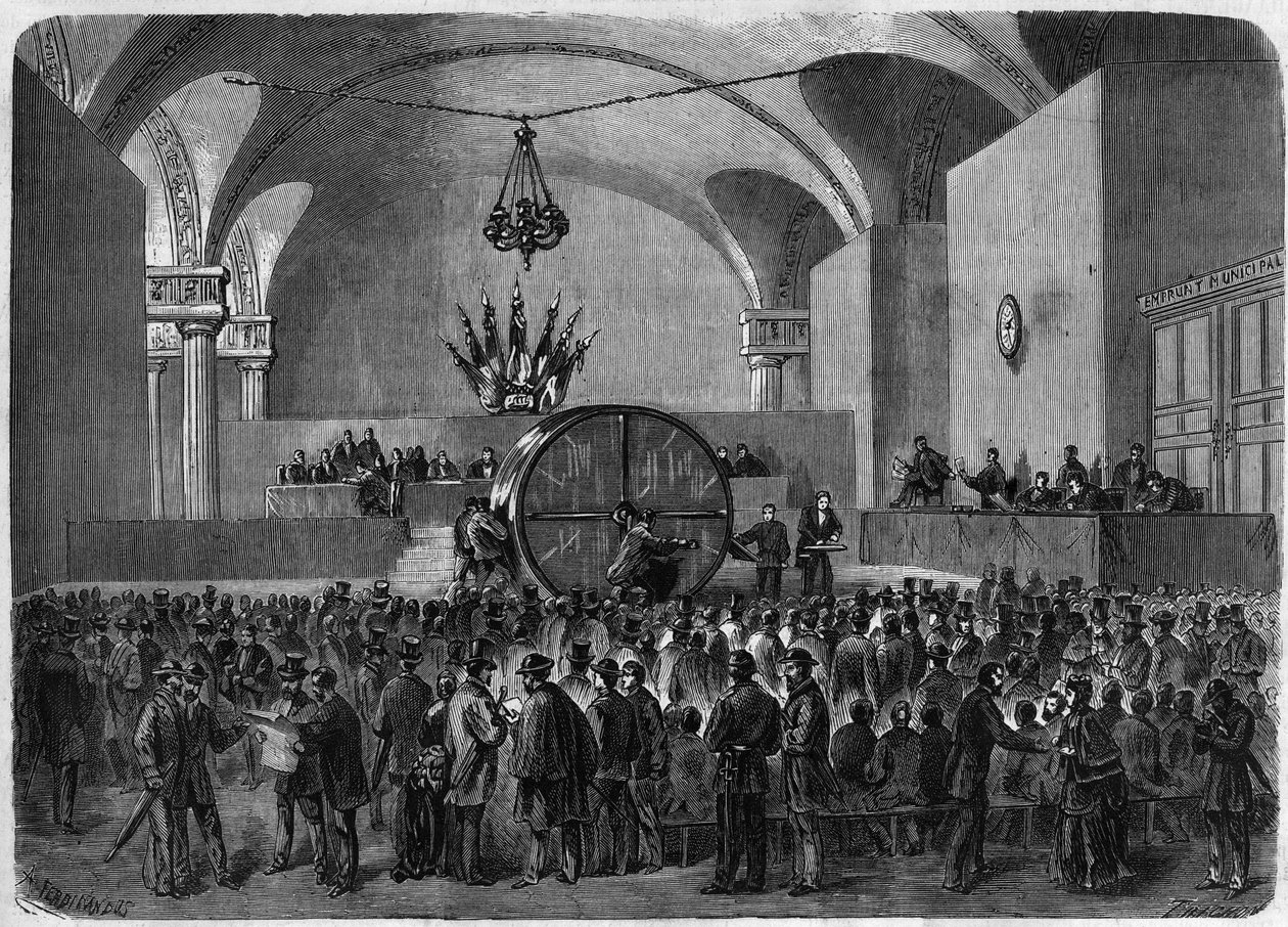 سحب قرعة السندات المراد سدادها من القرضين اللذين تعاقدت عليهما مدينة باريس في 1855 و 1866. فندق دي فيل دي باريس ، 2 فبراير بواسطة فنان غير معروف